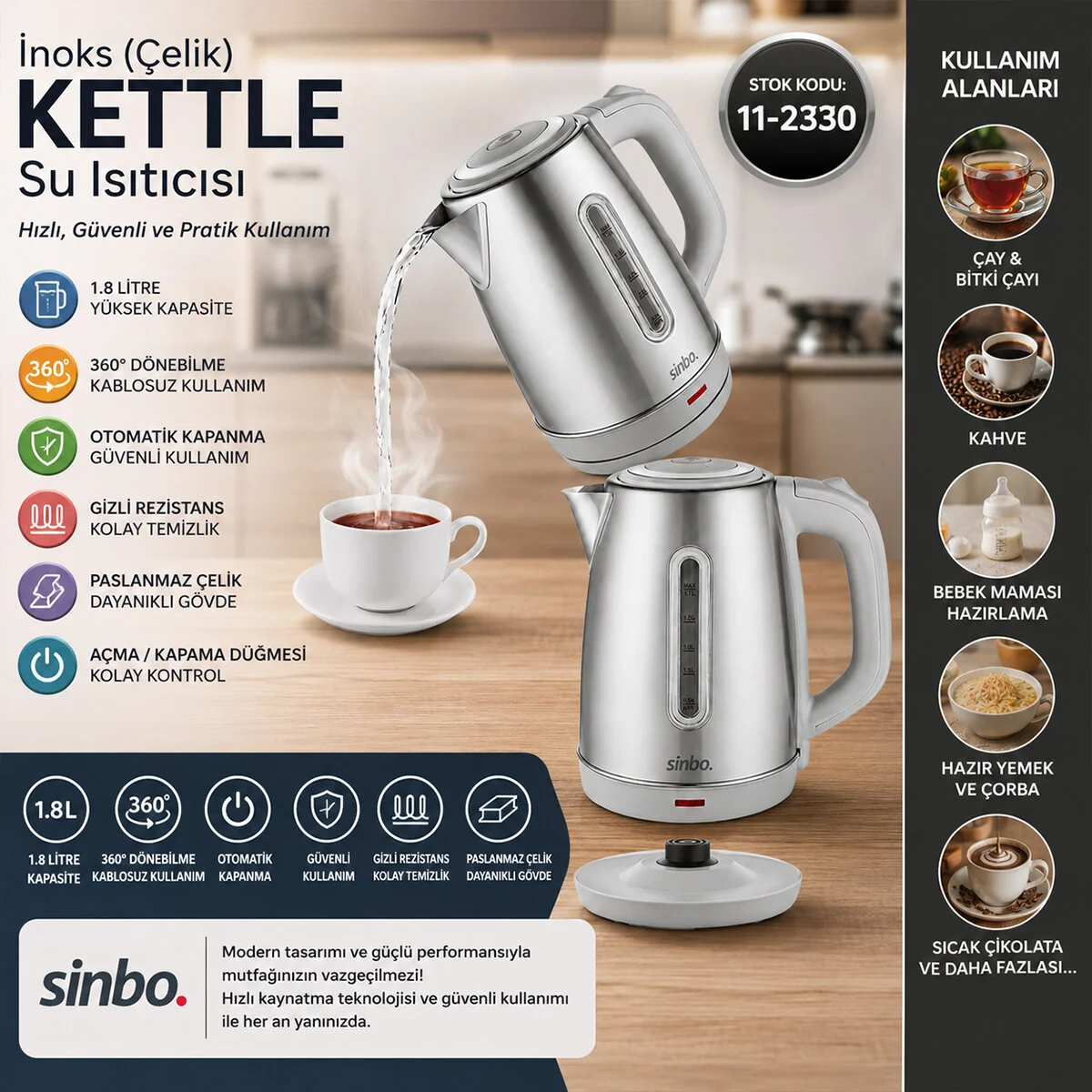 İnoks Çelik Kettle Su Isıtıcısı Kablosuz Kullanım 1.8LT 360° Dönebilme Otomatik Kapanma SK-8031 Fiyatı, Yorumları ve Özellikleri