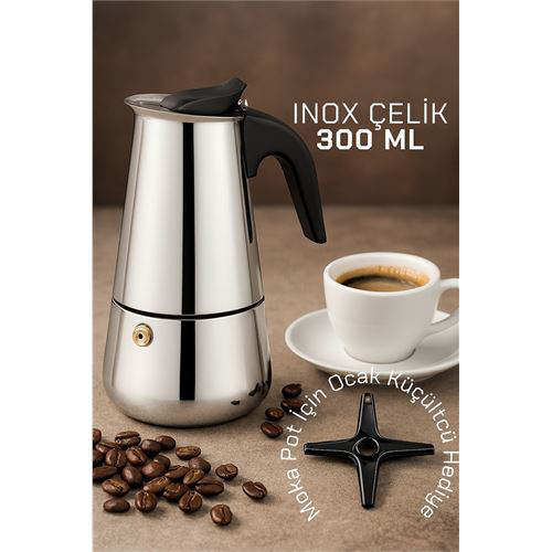 Inox Moka Pot - Paslanmaz Çelik Profesyonel Moka Pot - 300 ml Inox Moka Pot - Paslanmaz Çelik Profesyonel Moka Pot - 300 ml