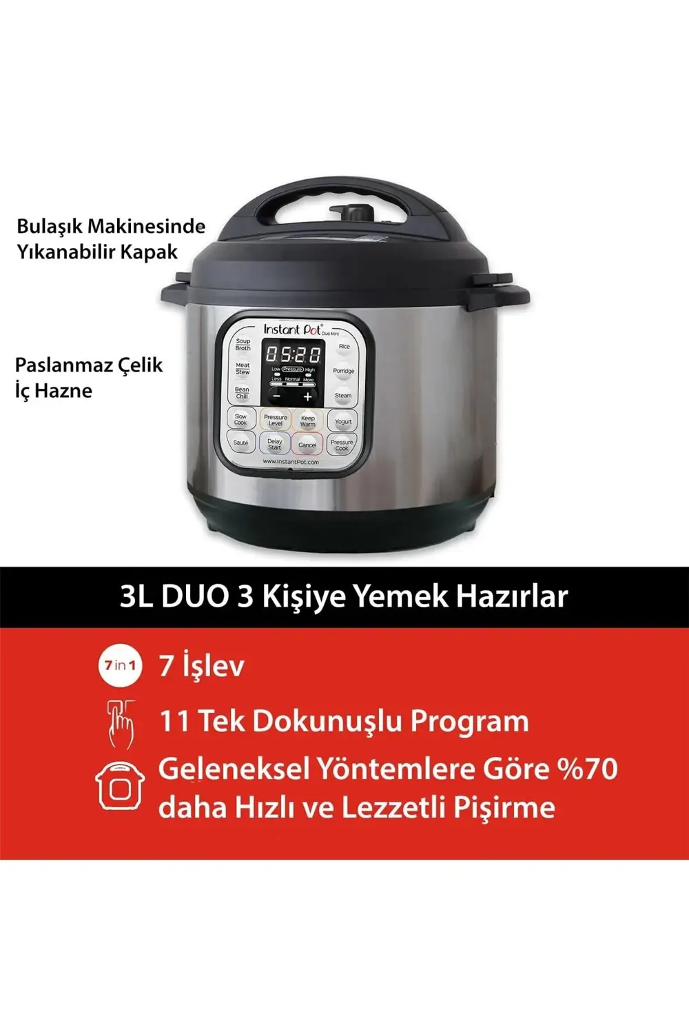 Instant Duo Mini 7'si 1 Arada 3 L Paslanmaz Çelik Tencereli Buhar