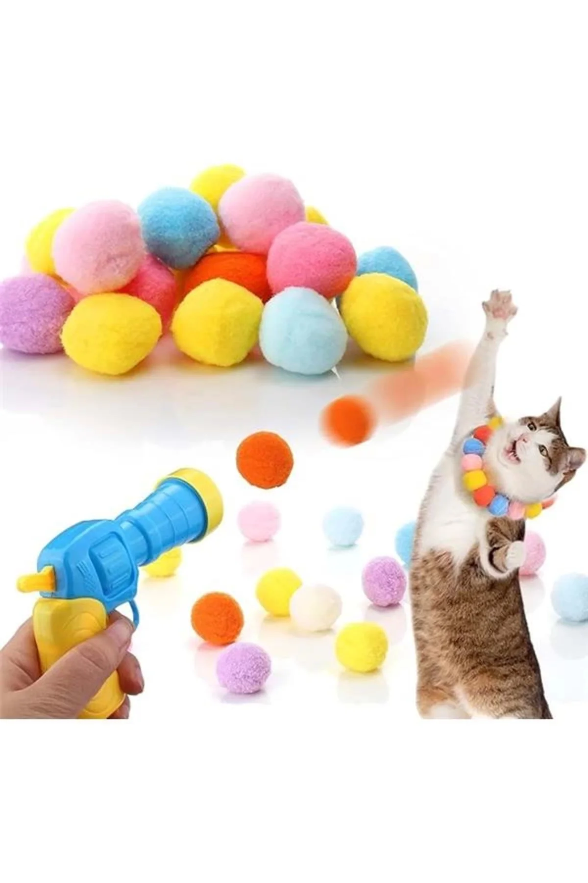 İnteraktif Kedi Oyun Tabancası - Peluş Toplarla Eğlenceli Oyun Zamanı, Ekstra Peluş Toplar