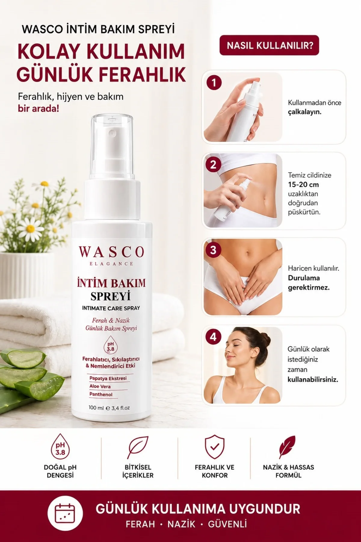 İntim Bakım Spreyi 100 ml | Hassas Bölge Günlük Bakım Spreyi | Ferahlatıcı, Nemlendirici ve Bakım Desteği | Aloe Vera & Nioli Yağı