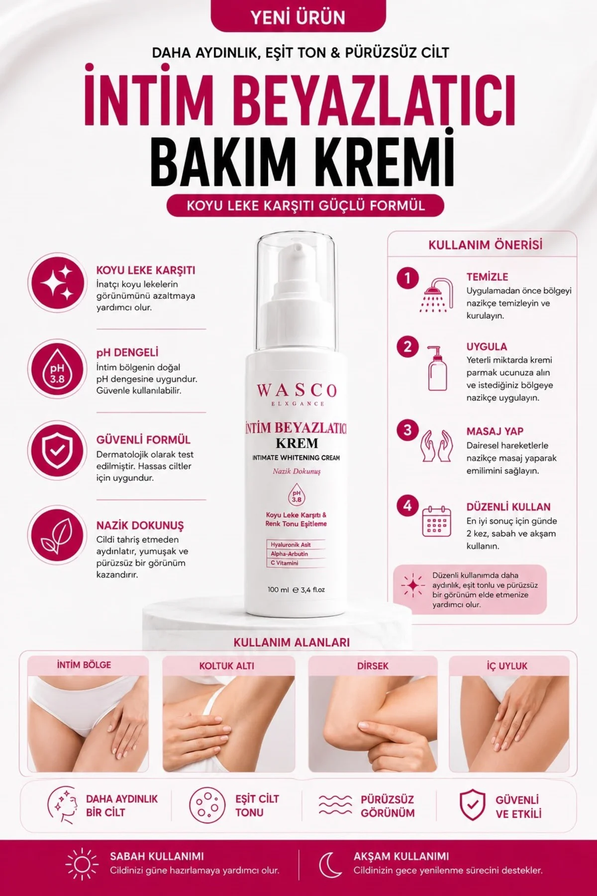 İntim Beyazlatıcı Krem 100 ml | Koltuk Altı, Bikini Bölgesi ve Diz-Dirsek Bakım Kremi | Alpha Arbutin & C Vitamini