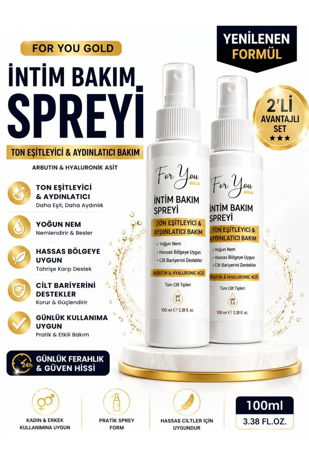 İntim (Genital) Bölge Ton Eşitleyici İntim Bakım Spreyi 2 X 100 ml – Arbutin & Hyaluronik Asit İçeren
