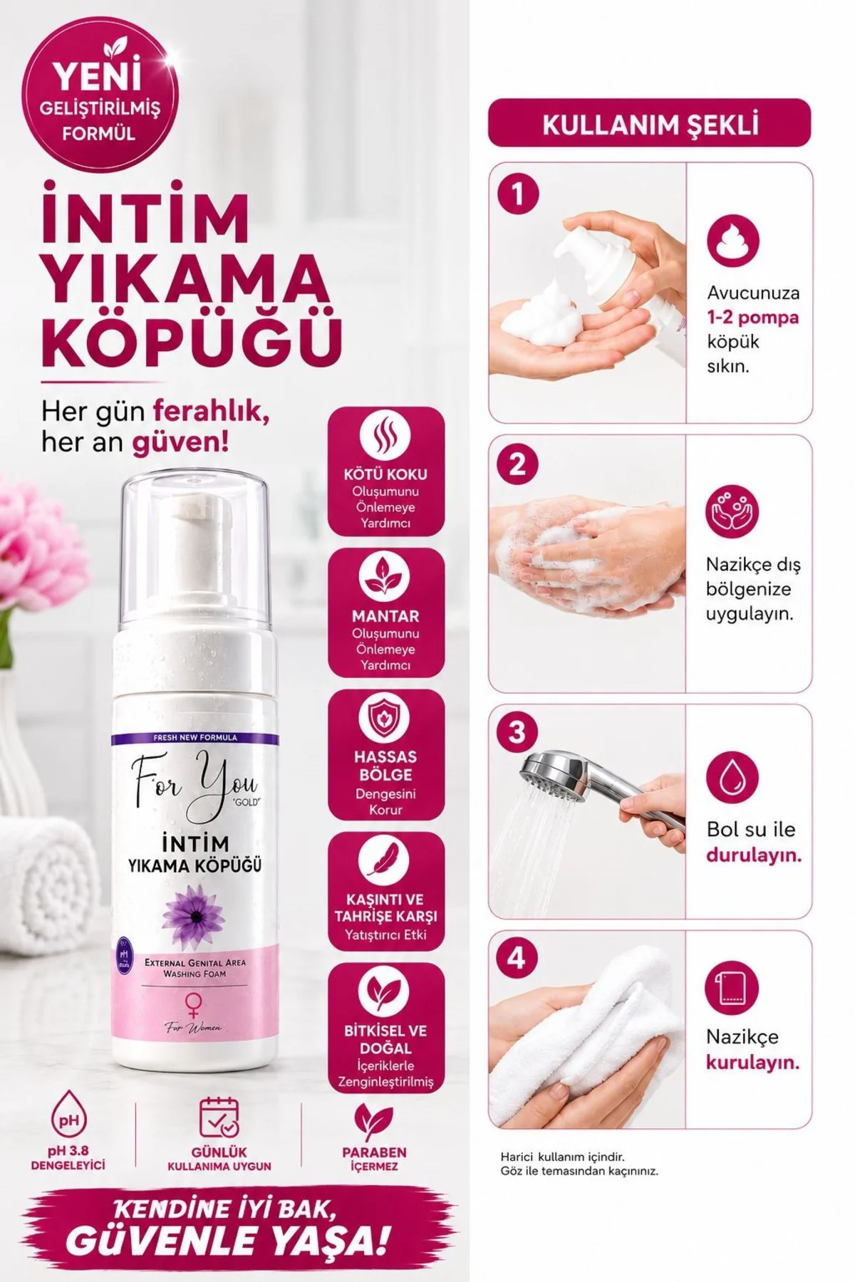 Intim (GENİTAL) Bölge Ph Dengeli Günlük Yıkama Köpüğü (KOKU,AKINTI,MANTAR YARDIMCI) Temizleme Köpük