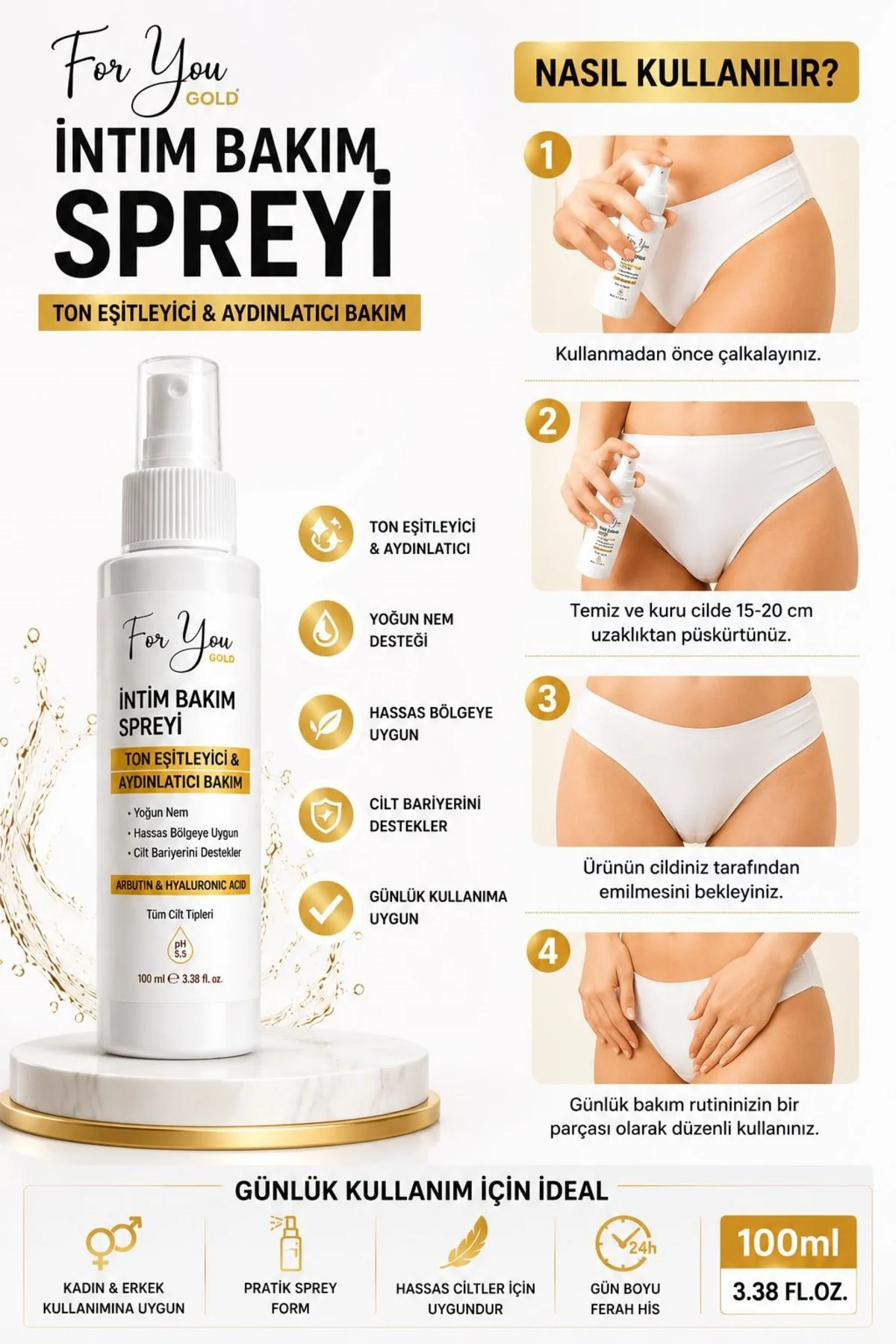 İntim (Genital) Bölge Ton Eşitleyici İntim Bakım Spreyi 2 X 100 ml – Arbutin & Hyaluronik Asit İçeren