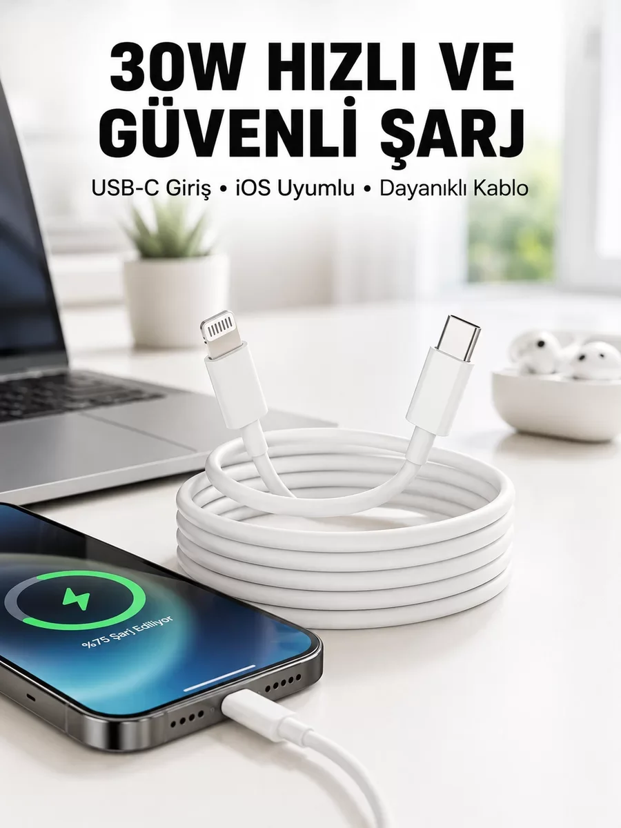 iOS Uyumlu Yeni Nesil Şarj Kablosu ve Adaptörü - 30W Hızlı Şarj