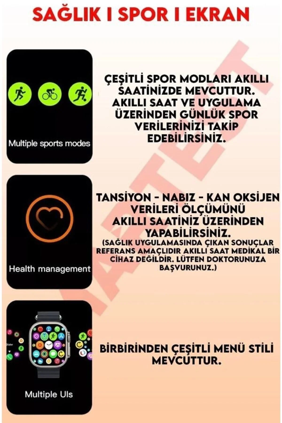 iOS ve Android Uyumlu Akıllı Saat, Nabız Sensörlü, Uyku Takibi, Siyah Silikon Kordonlu