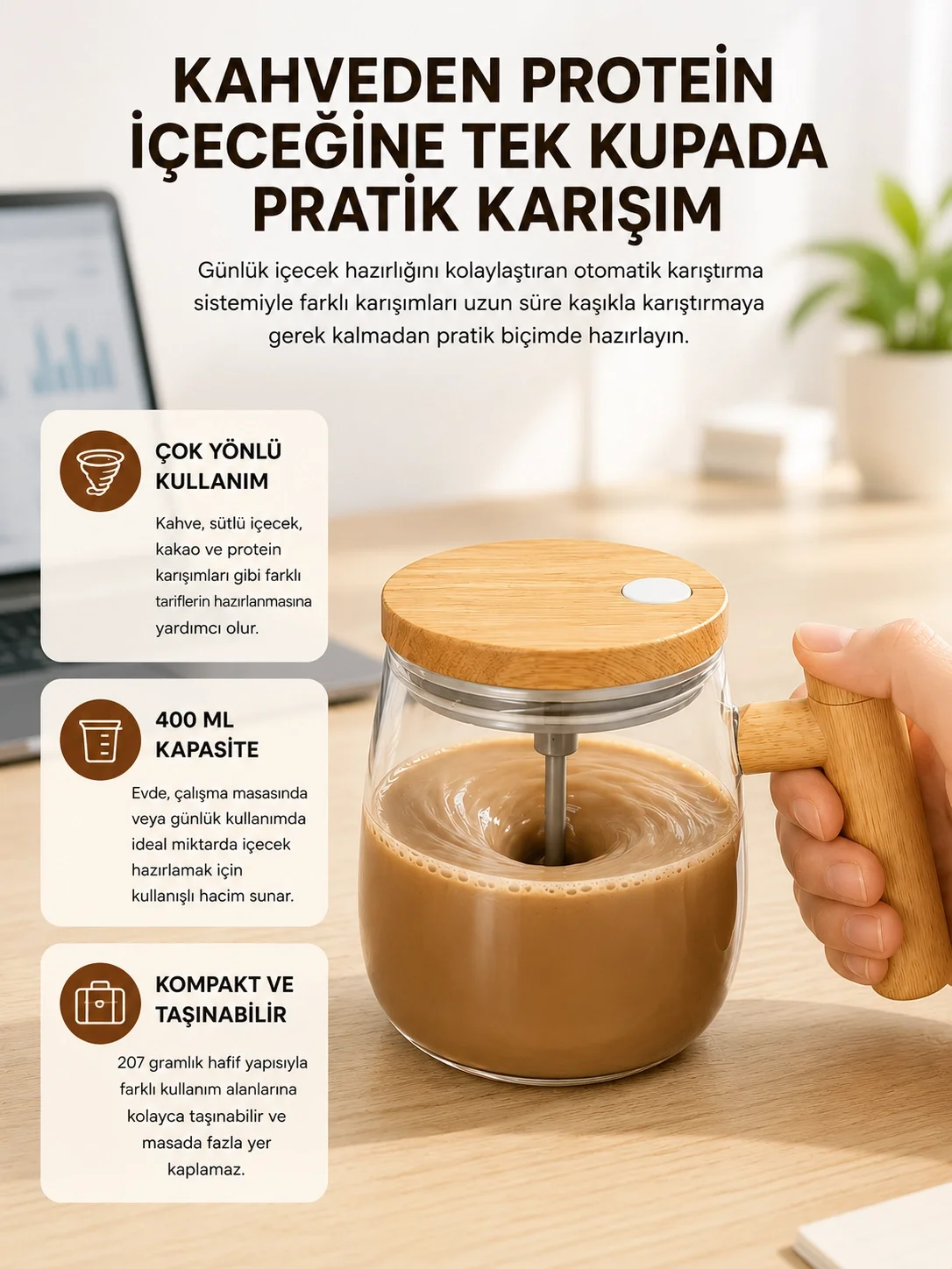 IP6 Su Geçirmez Şarjlı Kupa – 3D Karıştırma, 400 ml Yeni Nesil Fiyatı, Yorumları ve Özellikleri