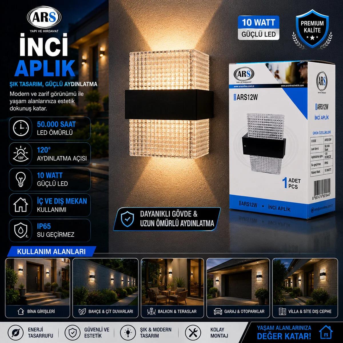 IP66 50.000 Saat Led Ömrü 10W İnci Led Aplik Duvar Lambası ARS-348956 Fiyatı, Yorumları ve Özellikleri