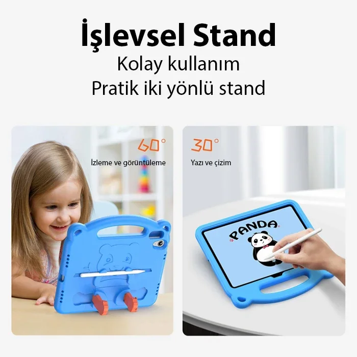 iPad 10.2 2022 Çocuk Kılıfı Panda Desenli Darbeye Dayanıklı Silikon Standlı - Shockproof