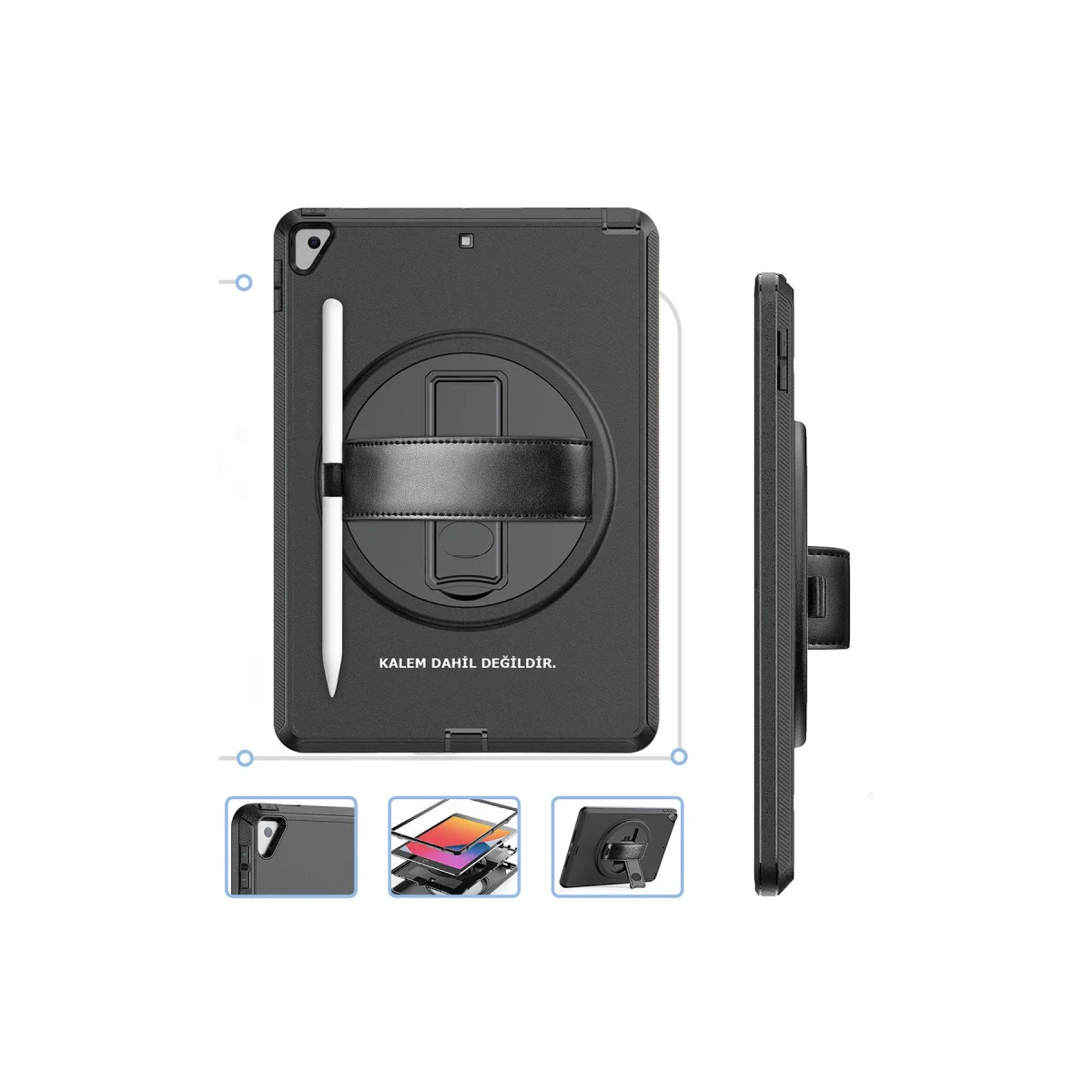iPad 10.2 (7. Nesil) Kılıf Hand Strap Tablet Kılıfı - Siyah (Dayanıklı Tutuş ve Korumalı Çözüm)
