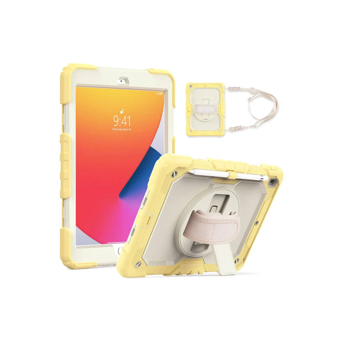iPad 10.2 (7. Nesil) Strap Kılıf Tablet Kapak - Güvenli Tutuş ve Sarı Renk