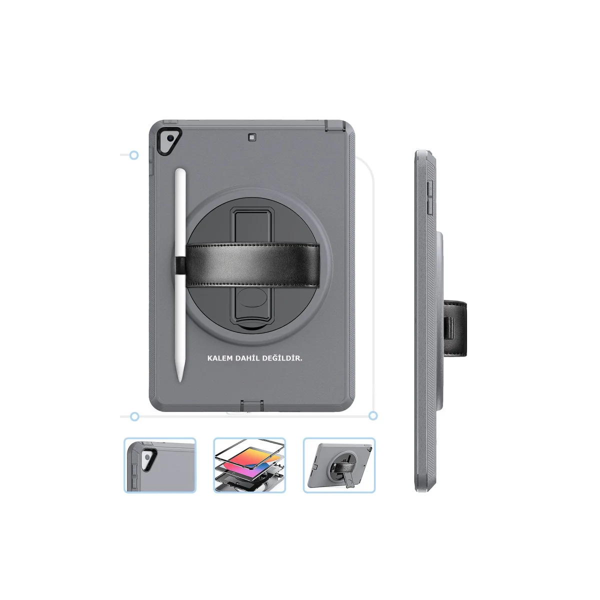 iPad 10.2 (7.nesil) Gri Hand Strap Tablet Kılıfı