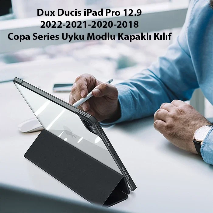 iPad Pro 12.9 Copa Series Uyku Modlu Kılıf - Şeffaf PC & PU Deri, Apple Pencil Şarjlı Stand