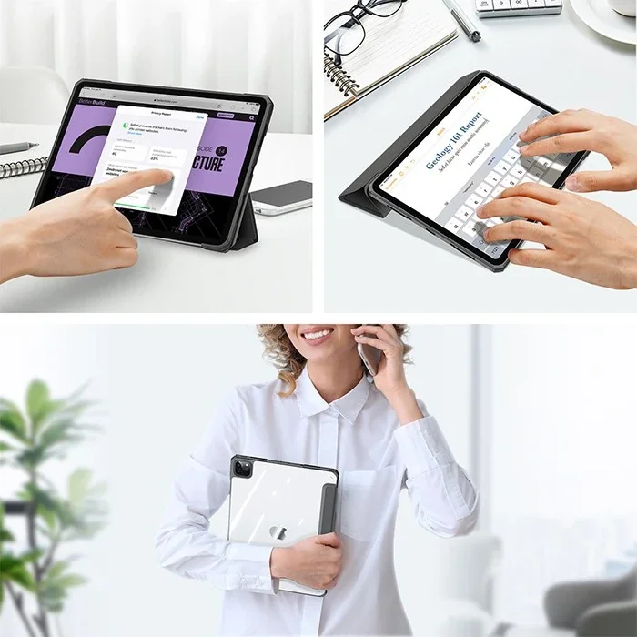 iPad Pro 12.9 Copa Series Uyku Modlu Kılıf - Şeffaf PC & PU Deri, Apple Pencil Şarjlı Stand