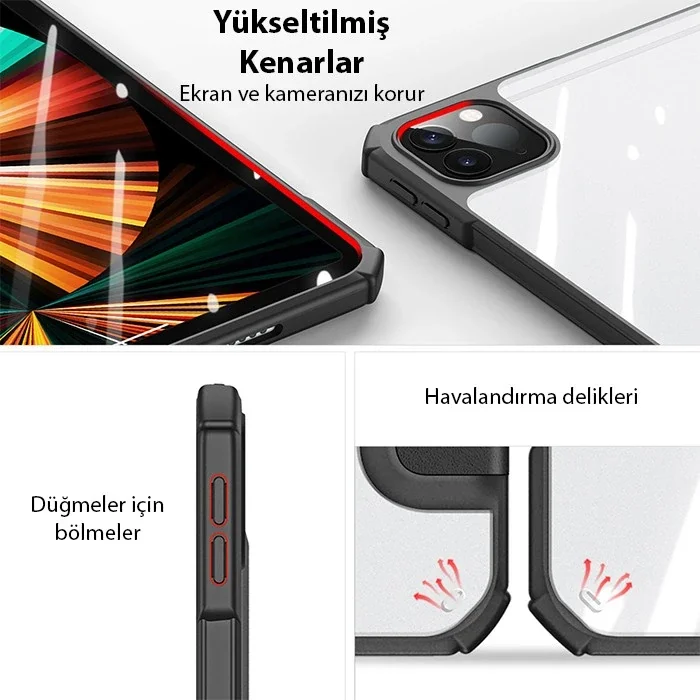iPad Pro 12.9 Copa Series Uyku Modlu Kılıf - Şeffaf PC & PU Deri, Apple Pencil Şarjlı Stand