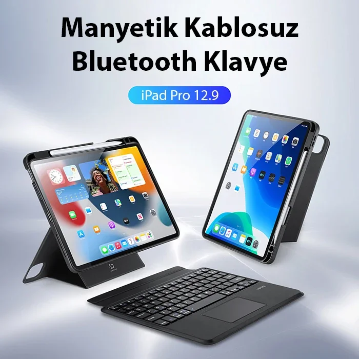 iPad Pro 12.9 DK Series Kablosuz Bluetooth Klavye ve Touchpad Kılıf - Siyah PU/TPU