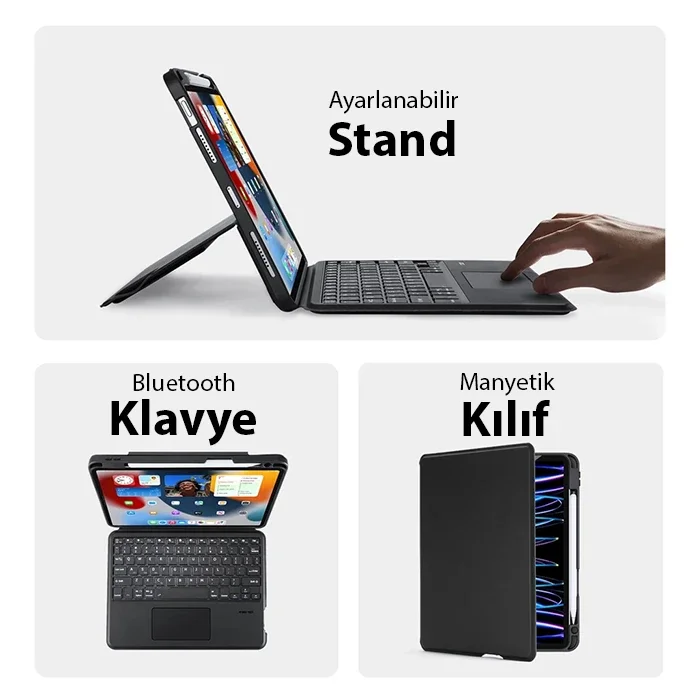 iPad Pro 12.9 DK Series Kablosuz Bluetooth Klavye ve Touchpad Kılıf - Siyah PU/TPU