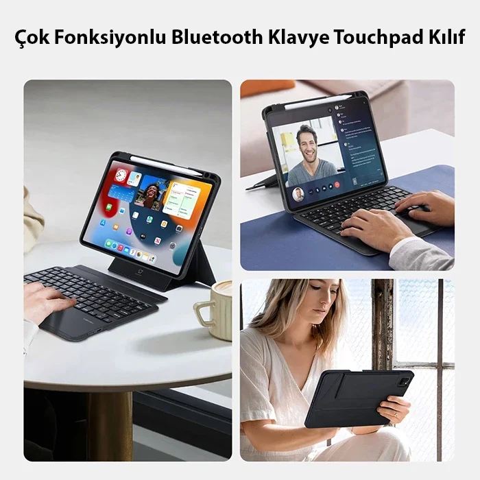 iPad Pro 12.9 DK Series Kablosuz Bluetooth Klavye ve Touchpad Kılıf - Siyah PU/TPU