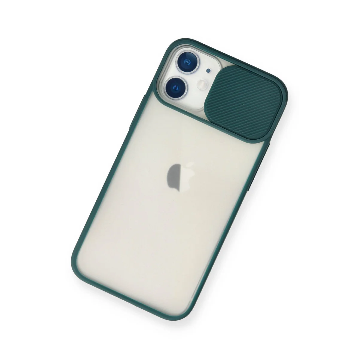 iPhone 11 Buzlu Kamera Kılıfı - Yeşil Palm Silikon Sürgülü Kılıf