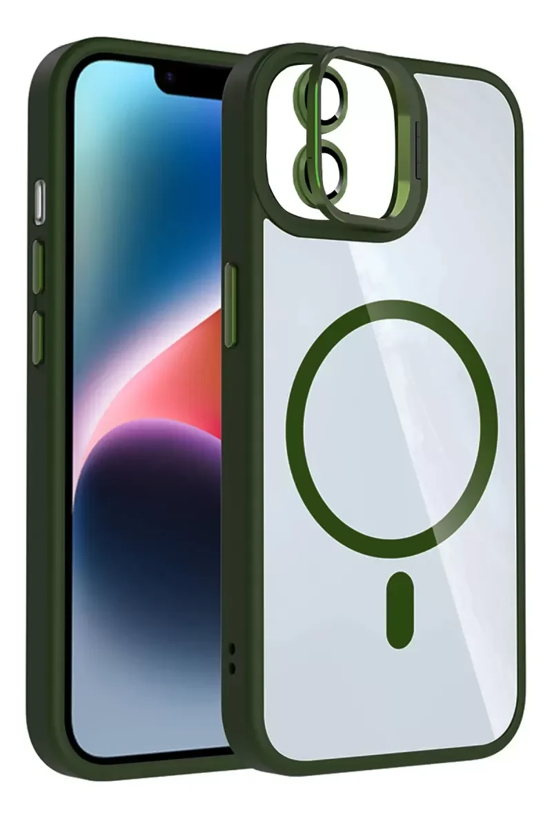 iPhone 11 ile Uyumlu Remim Lensli Magsafe Standlı Kapak - Koyu Yeşil