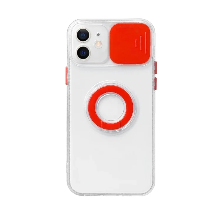 iPhone 11 Kılıf 6.1'' Sürgülü Lens Korumalı Yüzük Standlı Silikon - Şeffaf Kamera Koruyucu