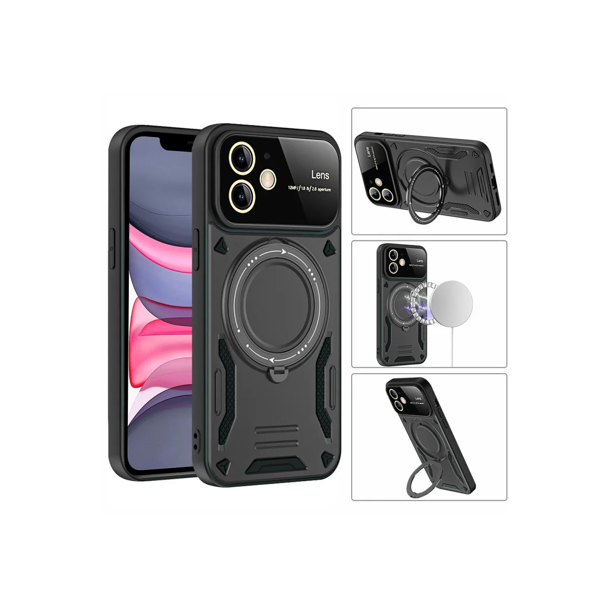 iPhone 11 Kılıf Joy Lens Standlı - 360° Döner Parmak Halkası ve 180° Katlanabilir Standlı Koyu Yeşil