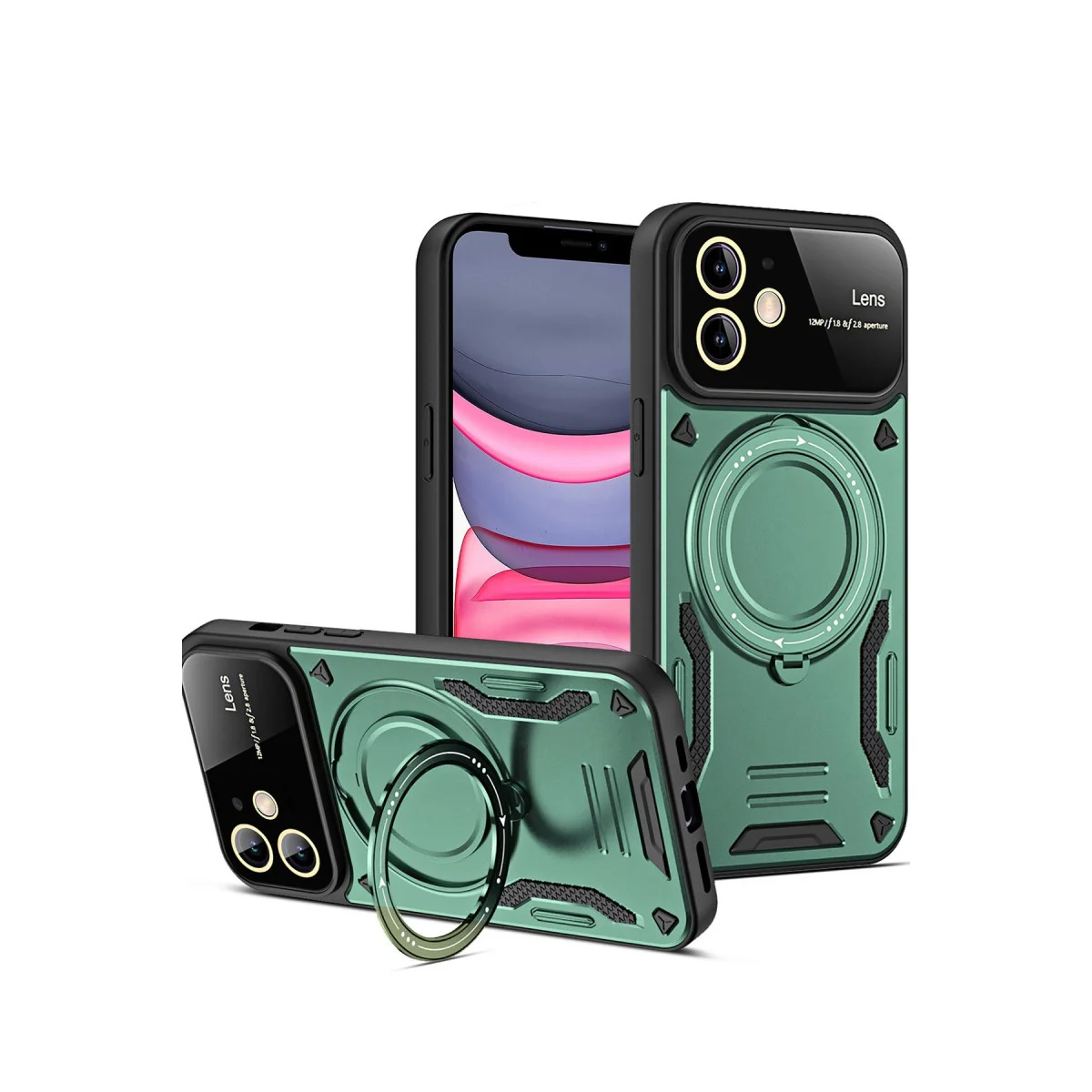 iPhone 11 Kılıf Joy Lens Standlı - 360° Döner Parmak Halkası ve 180° Katlanabilir Standlı Koyu Yeşil