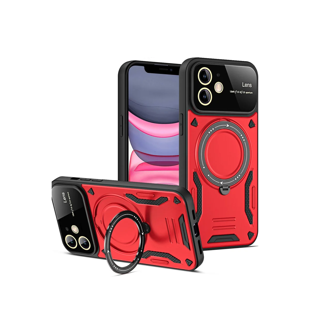 iPhone 11 Kılıf Joy Lens Standlı Kırmızı Kapak - 360° Döner & 180° Katlanabilir
