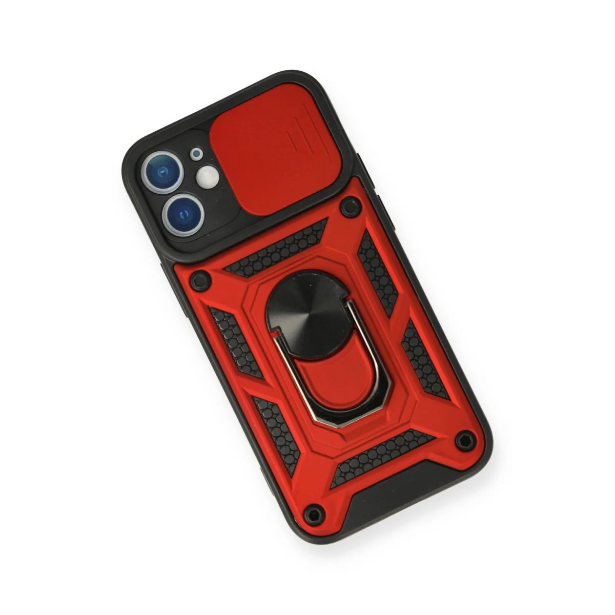 iPhone 11 Kılıf - Pars Lens Yüzüklü Silikon Kırmızı & Metal Stand Özellikli Kamera Koruyucu