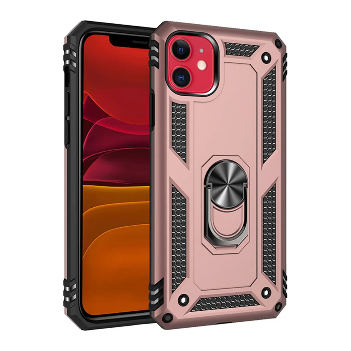 iPhone 11 Kılıf - Rose Sofya Yüzüklü Silikon Kapak - Çift Katmanlı Korumalı ve Mıknatıs Uyumlu