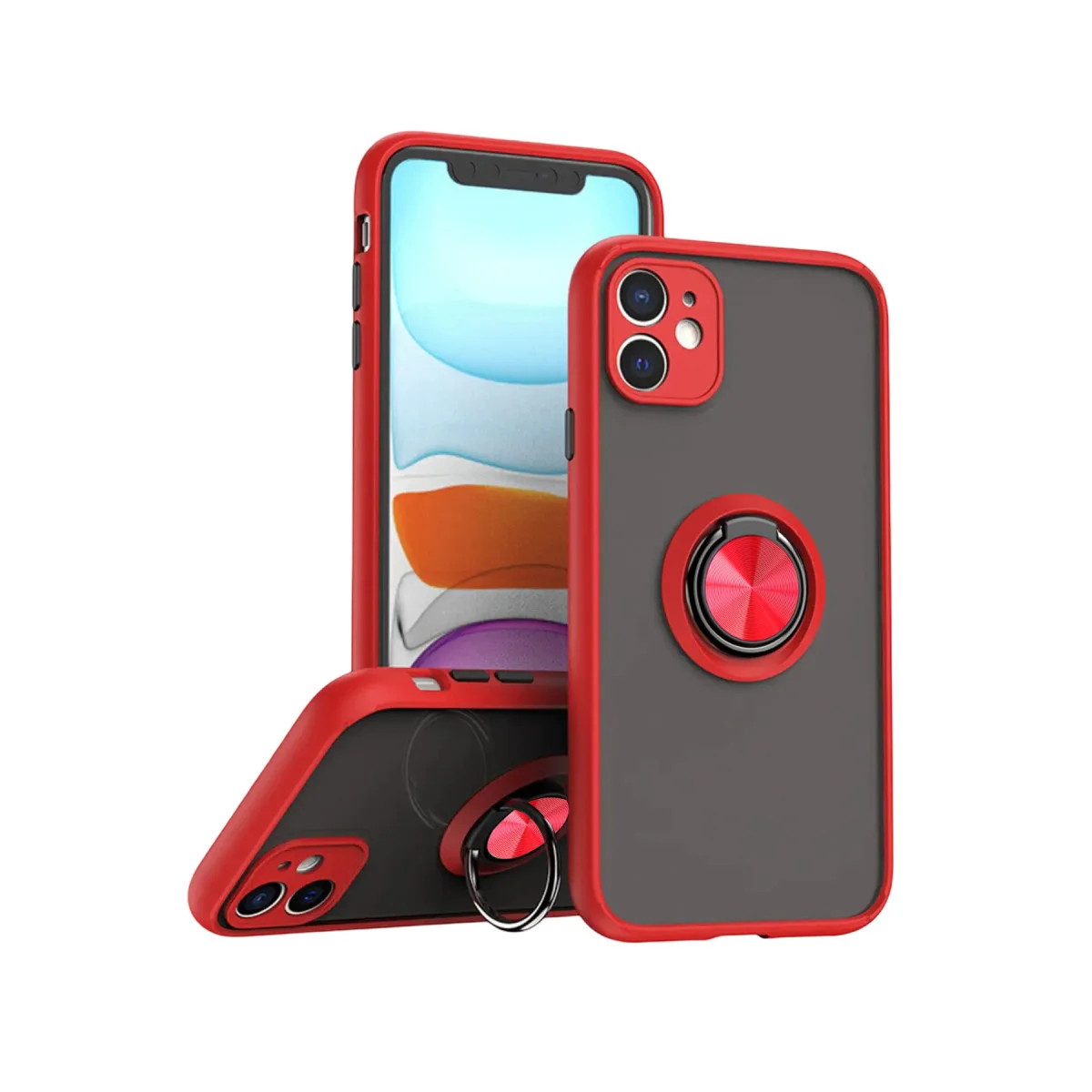 iPhone 11 Montreal Yüzüklü Silikon Kapak - Kırmızı (Mat & Fingerprint Resistant)