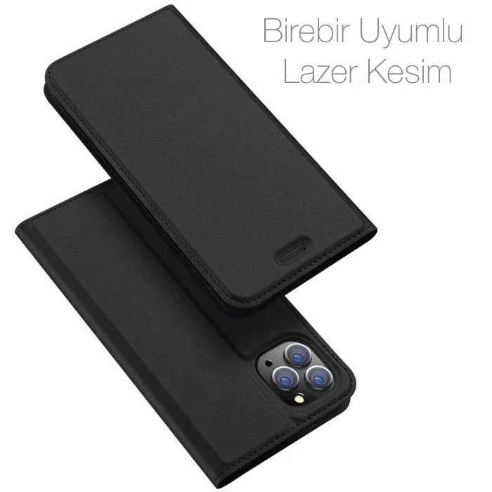 iPhone 11 Pro 5.8" Deri Flip Kılıf Kartlıklı - Manyetik Kapaklı Siyah