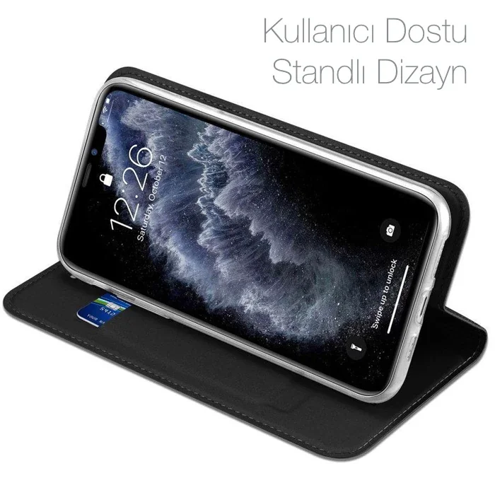 iPhone 11 Pro 5.8" Deri Flip Kılıf Kartlıklı - Manyetik Kapaklı Siyah
