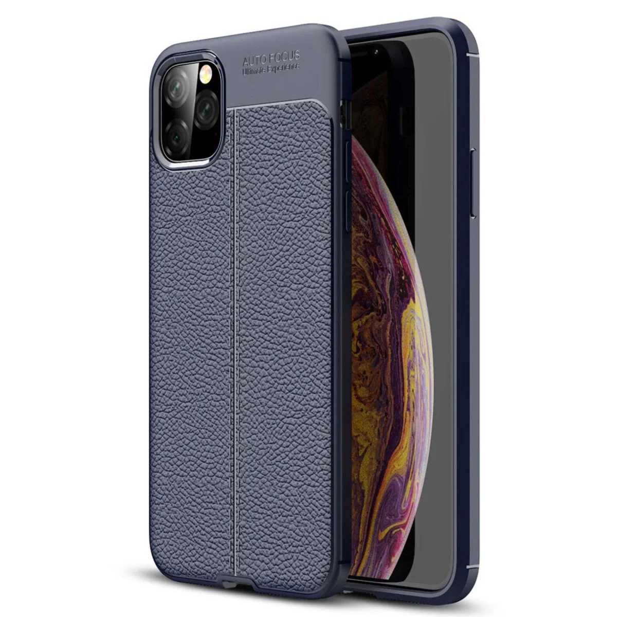 iPhone 11 Pro Auto Focus Deri Dokulu Kılıf - Şık ve Güvenli Lacivert Koruma