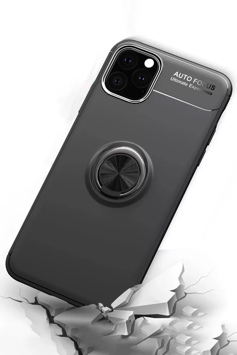 iPhone 11 Pro ile Uyumlu Range Yüzüklü Silikon Kılıf - Siyah/Mavi 360° Dönen Standlı