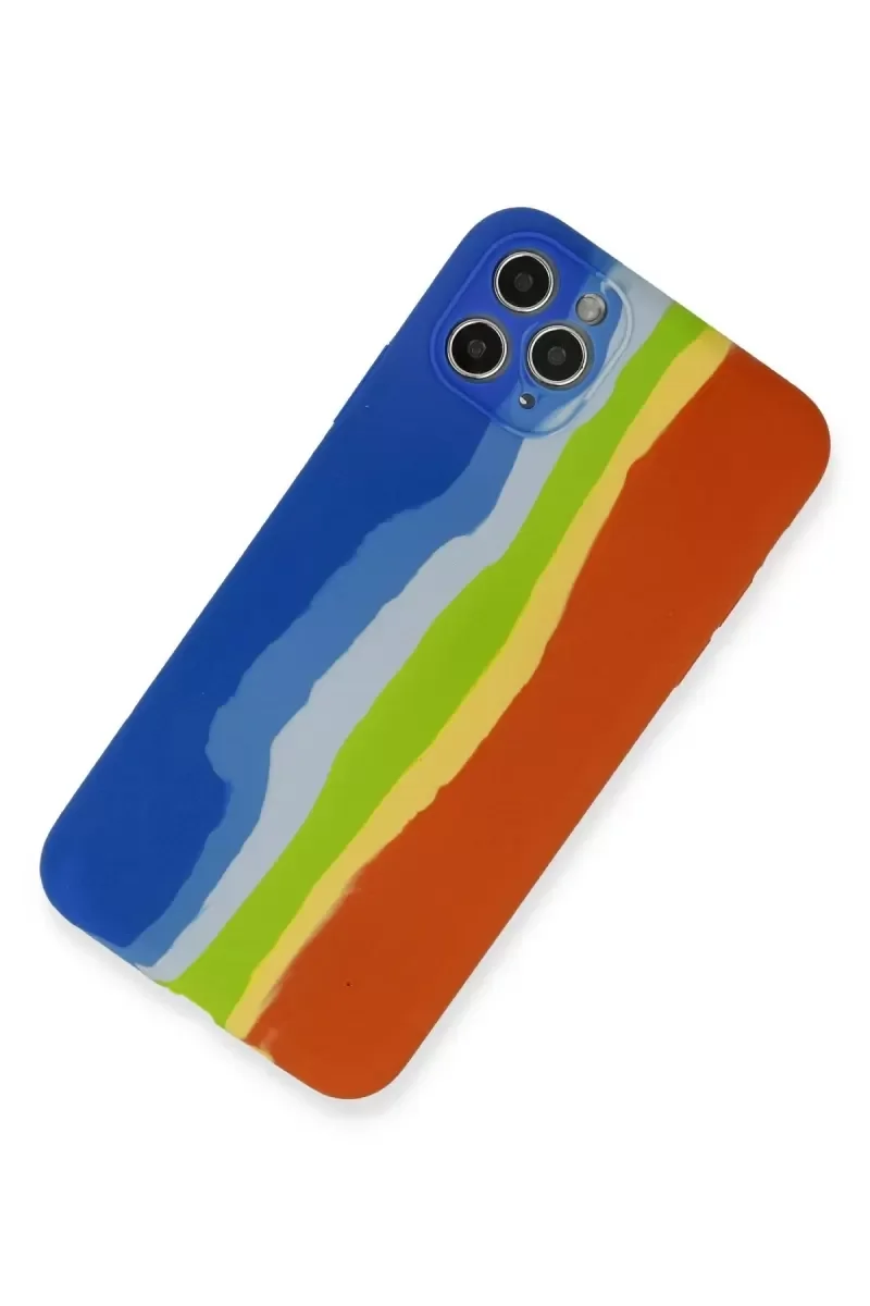 iPhone 11 Pro ile Uyumlu Kılıf Ebruli Lansman Silikon - Mavi-Turuncu