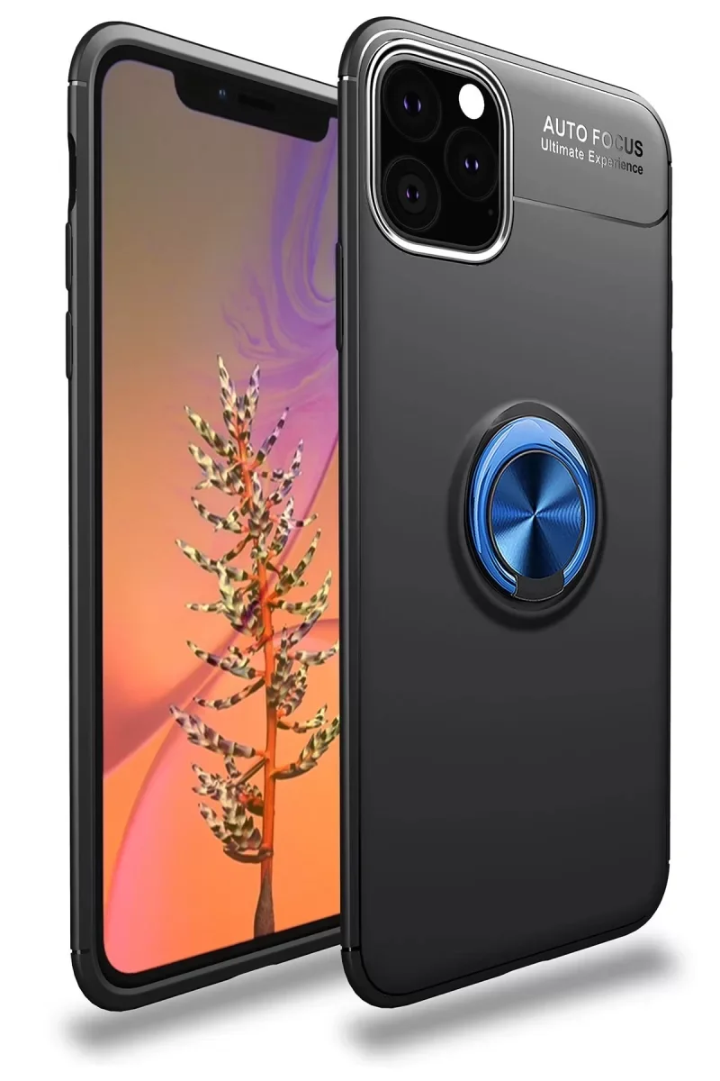 iPhone 11 Pro ile Uyumlu Range Yüzüklü Silikon Kılıf - Siyah/Mavi 360° Dönen Standlı