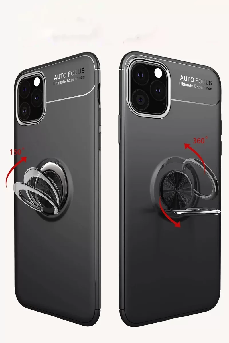 iPhone 11 Pro ile Uyumlu Range Yüzüklü Silikon Kılıf - Siyah/Mavi 360° Dönen Standlı