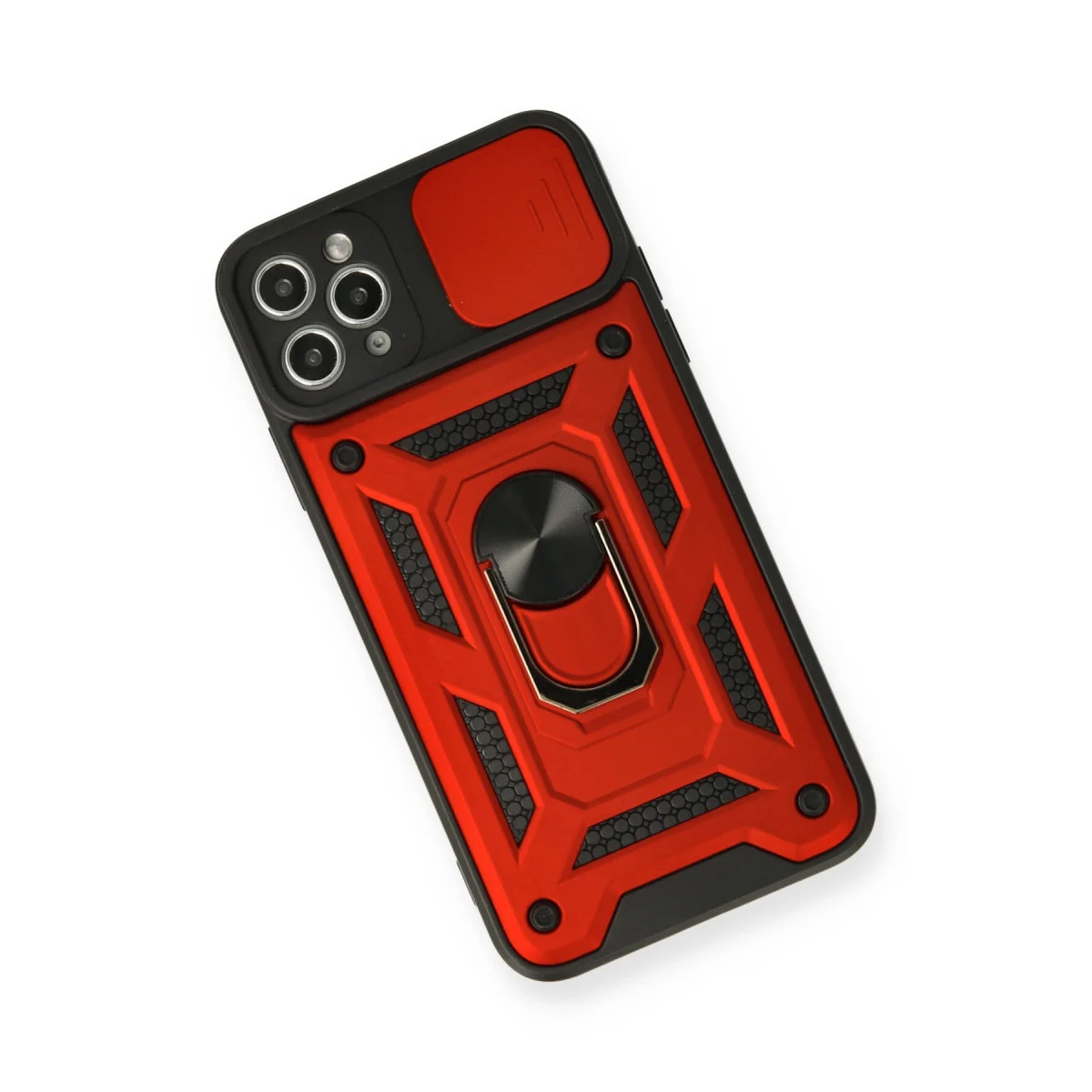 iPhone 11 Pro Kırmızı Silikon Kılıf - Pars Lens Kalkanlı ve Metal Standlı Ultra Koruma