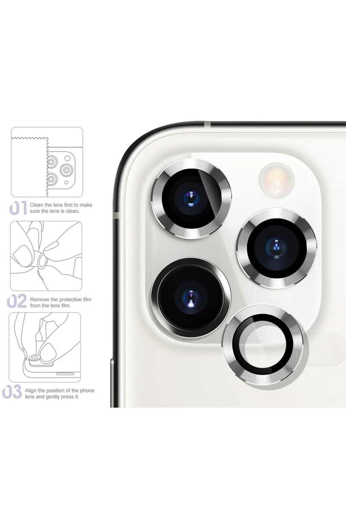 Iphone 11 Pro Metal Çerçeveli (beyaz) Kamera Koruma Lensi