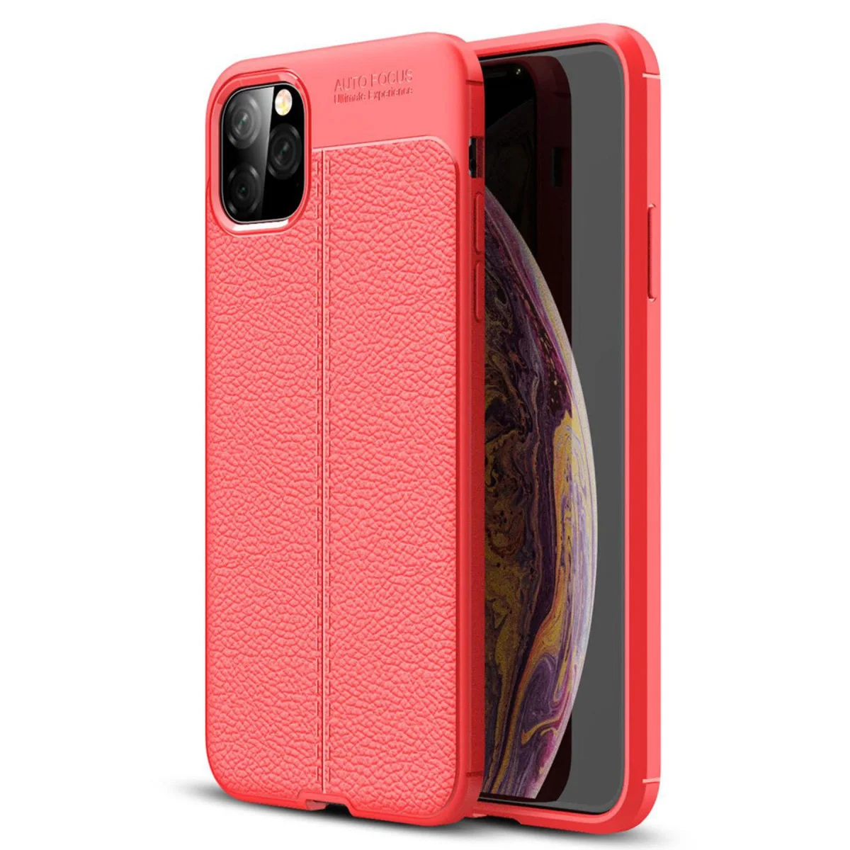 iPhone 11 Pro Max Auto Focus Kılıf - Kırmızı Deri Dokulu TPU