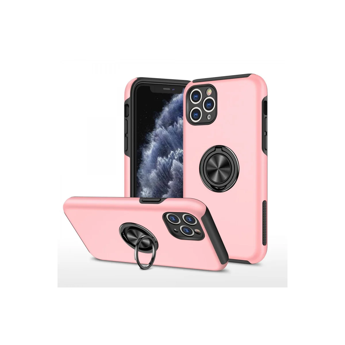 iPhone 11 Pro Max Elit Yüzüklü Pembe Kılıf - Mıknatıslı Araç Tutucu Uyumlu