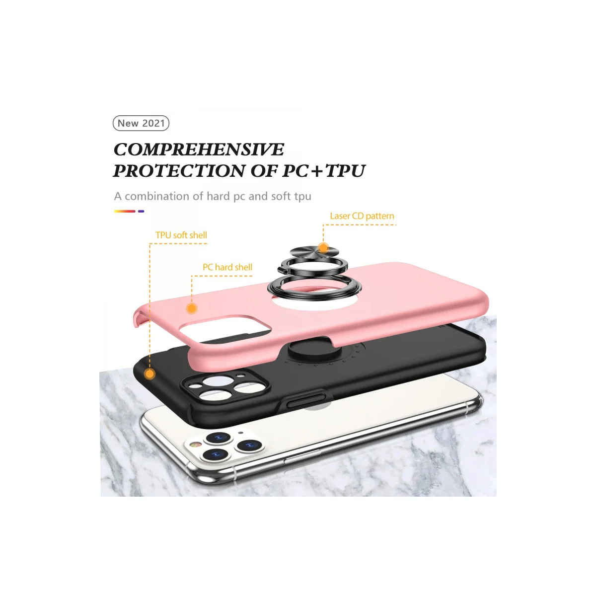 iPhone 11 Pro Max Elit Yüzüklü Pembe Kılıf - Mıknatıslı Araç Tutucu Uyumlu