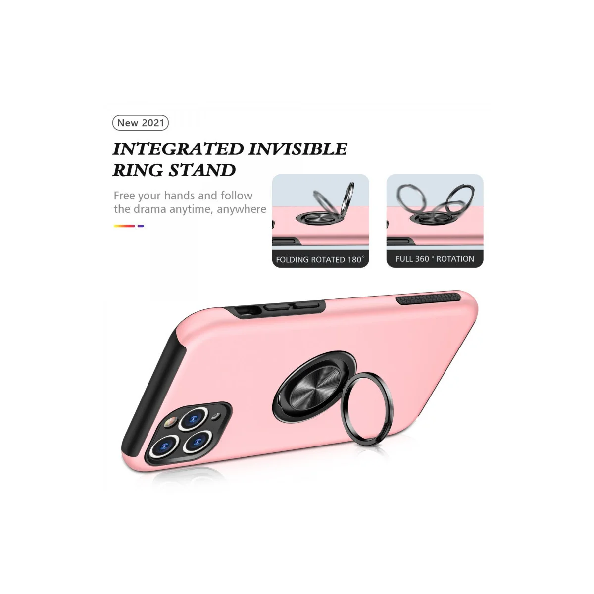 iPhone 11 Pro Max Elit Yüzüklü Pembe Kılıf - Mıknatıslı Araç Tutucu Uyumlu