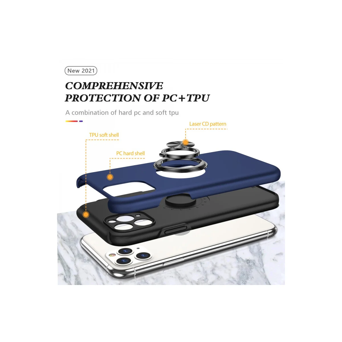 iPhone 11 Pro Max Elit Yüzüklü Kılıf - Lacivert Korumalı, Mıknatıslı ve Darbe Dayanıklı Telefon Kapağı