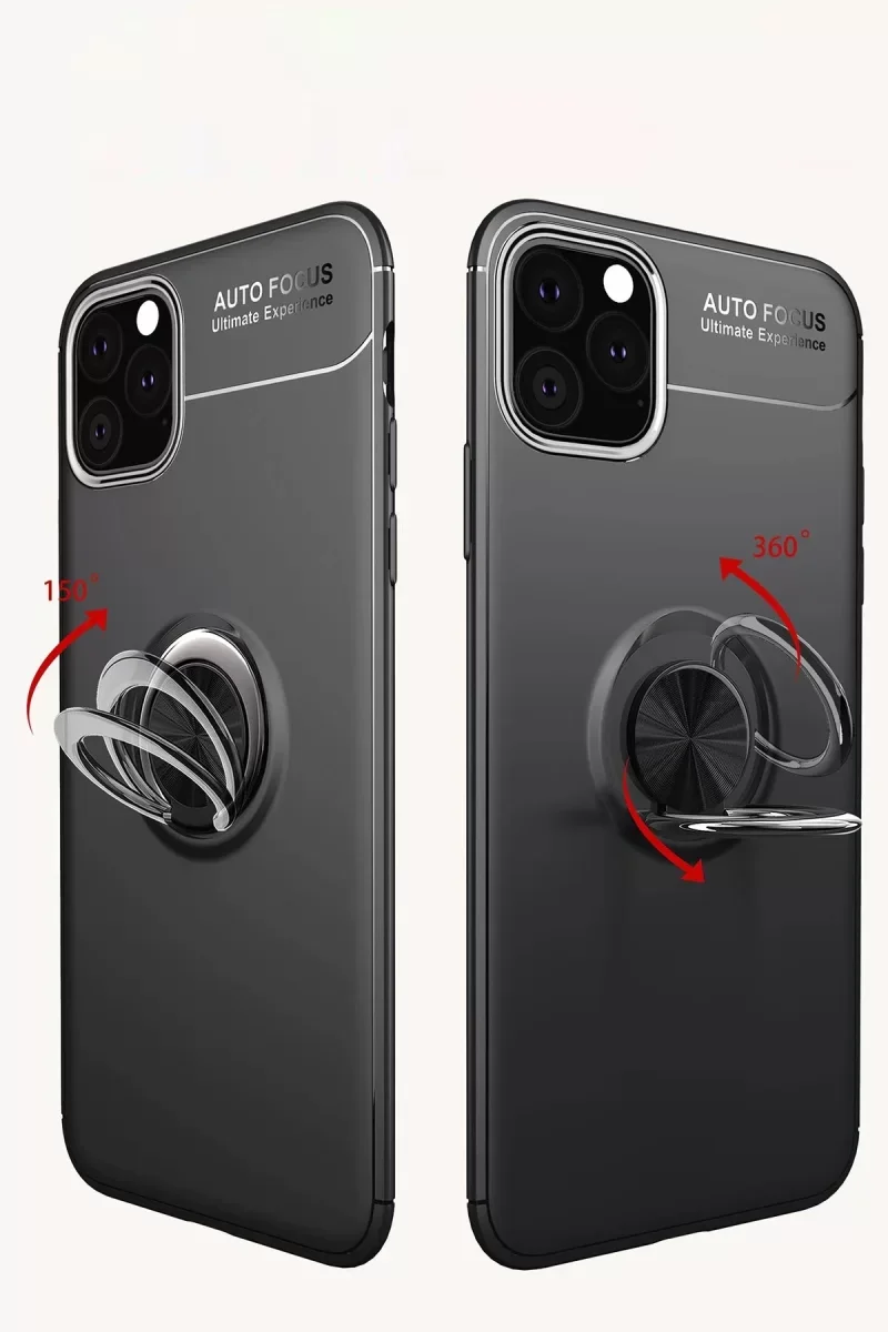 iPhone 11 Pro Max ile Uyumlu Yüzüklü Silikon Kılıf - Siyah Mavi 360° Döner Stand