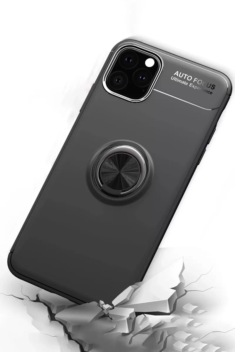 iPhone 11 Pro Max ile Uyumlu Yüzüklü Silikon Kılıf - Siyah/Gold - 360° Dönen Ring Stand