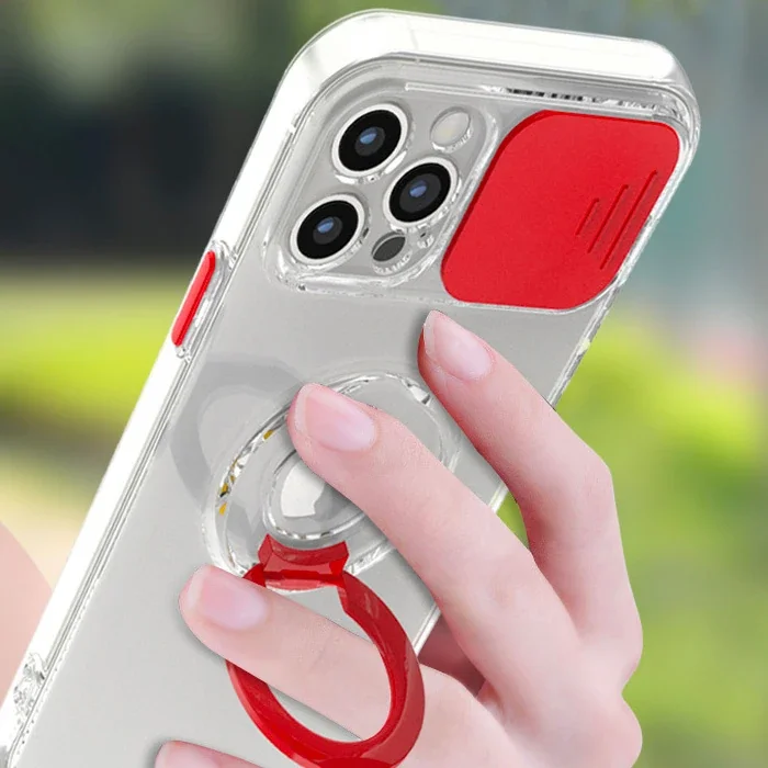 iPhone 11 Pro Max Kılıfı – Sürgülü Lens Kapaklı, Yüzük Standlı Silikon Koruyucu