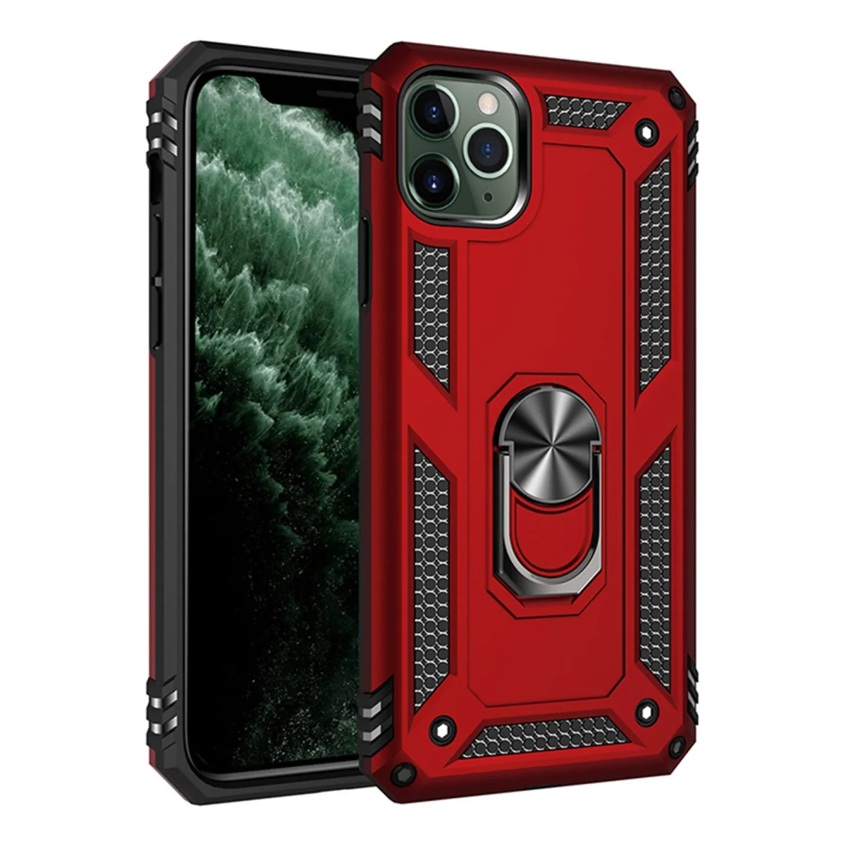 iPhone 11 Pro Max Kılıf - Sofya Yüzüklü Silikon Kapak - Kırmızı (Ultra Korumalı)